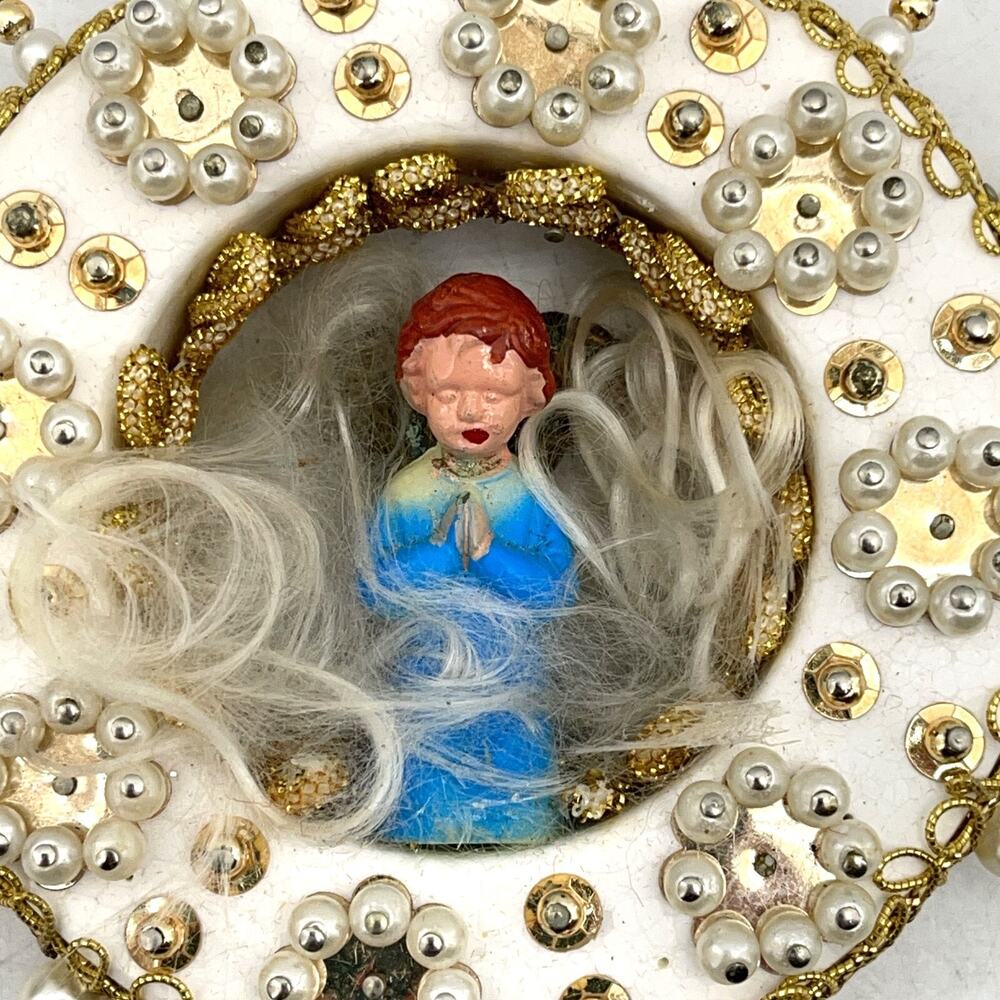 Vintage Handmade Angel Diorama Ornament Beaded Faux Pearls Gold Push Pin